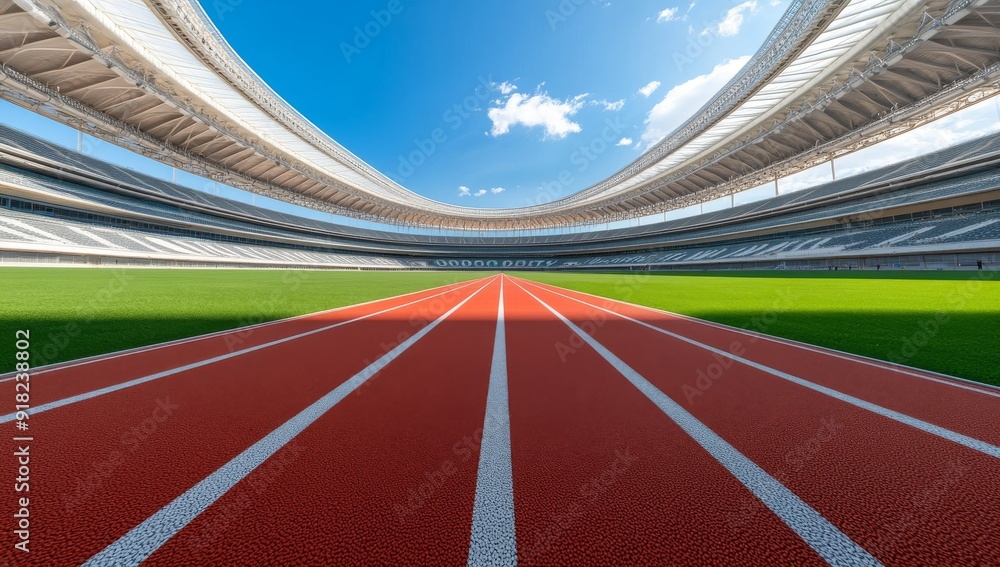 Full View of the Olympic Stadium with Red Running Tracks on Green Grass Fields Under Open Roof Full View of the Olympic Stadium with Red Running Tracks on Green Grass Fields Under Open Roof