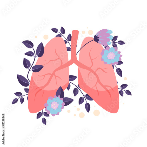 Human lungs with cute floral decor, central internal organ of respiratory system. Anatomical model of healthy lung and trachea with flowering herbs and plants, blue flowers cartoon vector illustration
