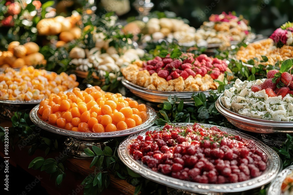 elegant catering display gourmet dishes mood lighting luxurious setting silver serving ware appetizing presentation elegant catering display gourmet dishes mood lighting luxurious setting silver serving ware appetizing presentation