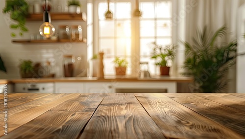 A kitchen with a wooden table and a window