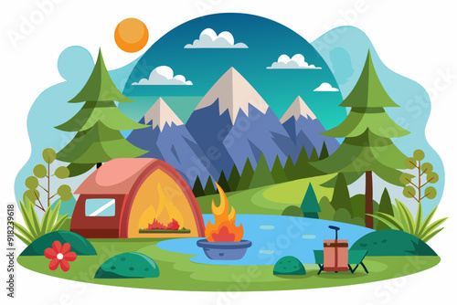 Camping Trip With Tent, Campfire, Mountains, and Forest