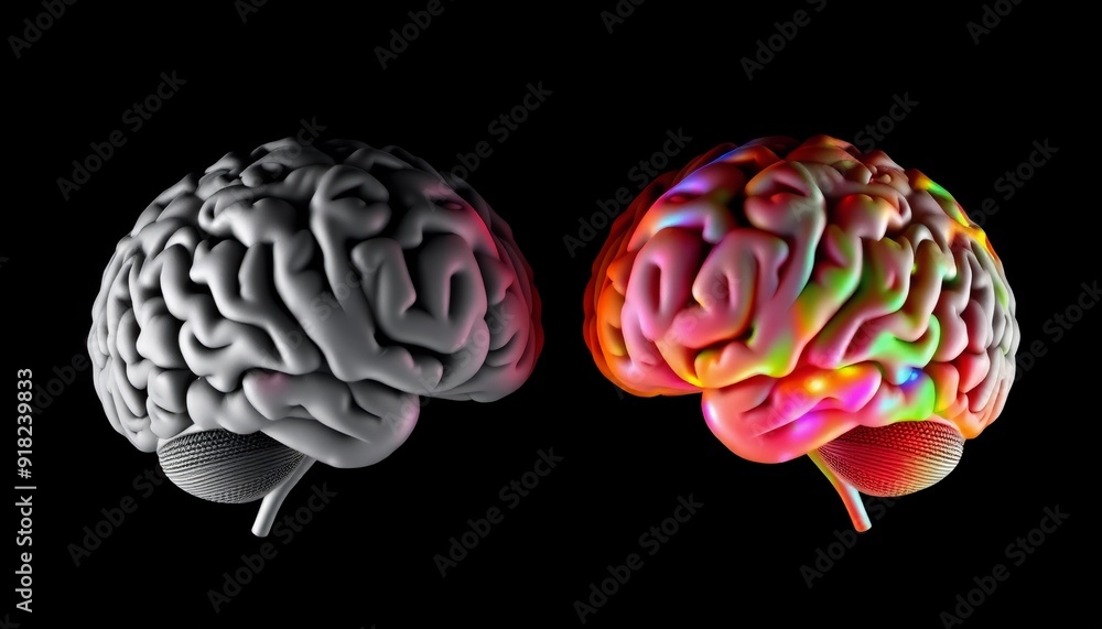 two brain halves left half gray and colorless right half illuminated with bright vibrant colors set against a solid black background emphasizing the stark difference betwee two brain halves left half gray and colorless right half illuminated with bright vibrant colors set against a solid black background emphasizing the stark difference betwee
