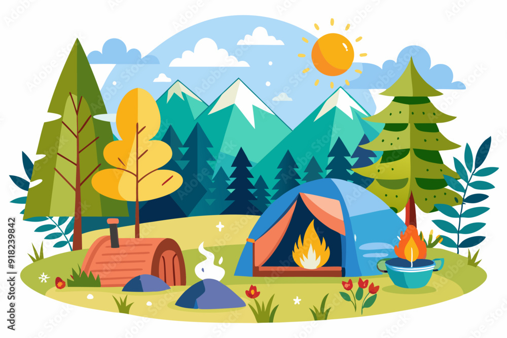 Camping Scene with Tent, Fire, Mountains, and Forest Camping Scene with Tent, Fire, Mountains, and Forest
