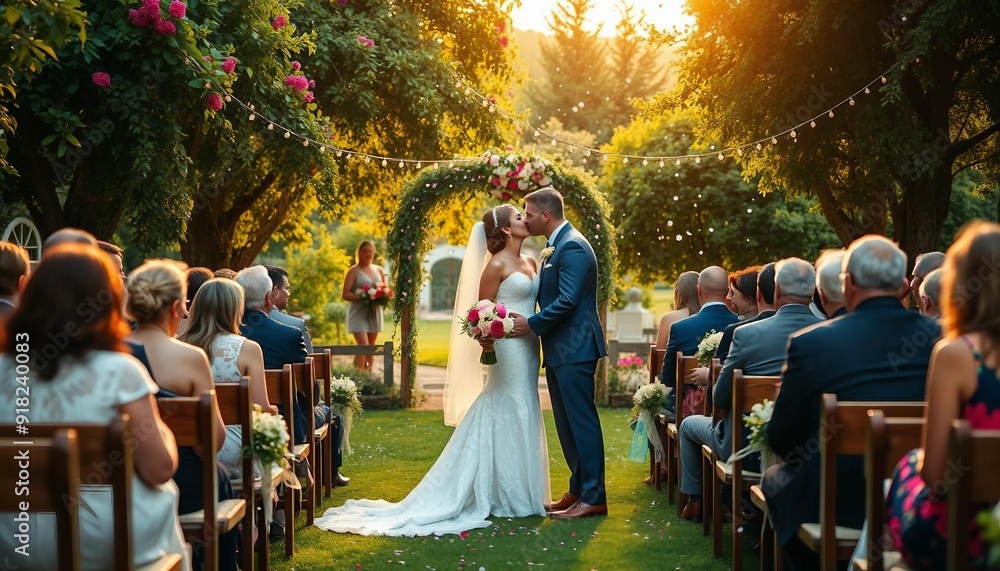 © abu - In a lush garden, a bride and groom exchange vows amid vibrant blooms and fairy lights. Confetti flutters as golden hour light adds a serene, rustic touch.