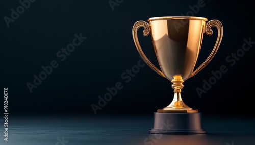 Golden trophy on dark background, winner award concept for business success or sports competition first place photo