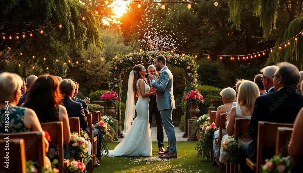 In a lush garden, a bride and groom exchange vows amid vibrant blooms and fairy lights. Confetti flutters as golden hour light adds a serene, rustic touch.
In a lush garden, a bride and groom exchange vows amid vibrant blooms and fairy lights. Confetti flutters as golden hour light adds a serene, rustic touch.