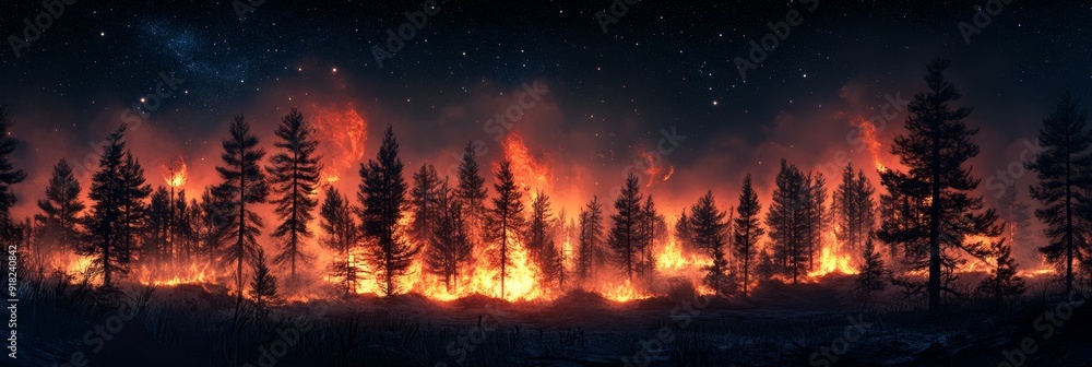 Forest Fire Under a Starry Night Sky - A surreal image depicting a forest fire engulfed in flames under a starry night sky, symbolizing nature's power, destruction, rebirth, resilience, and the beauty Forest Fire Under a Starry Night Sky - A surreal image depicting a forest fire engulfed in flames under a starry night sky, symbolizing nature's power, destruction, rebirth, resilience, and the beauty