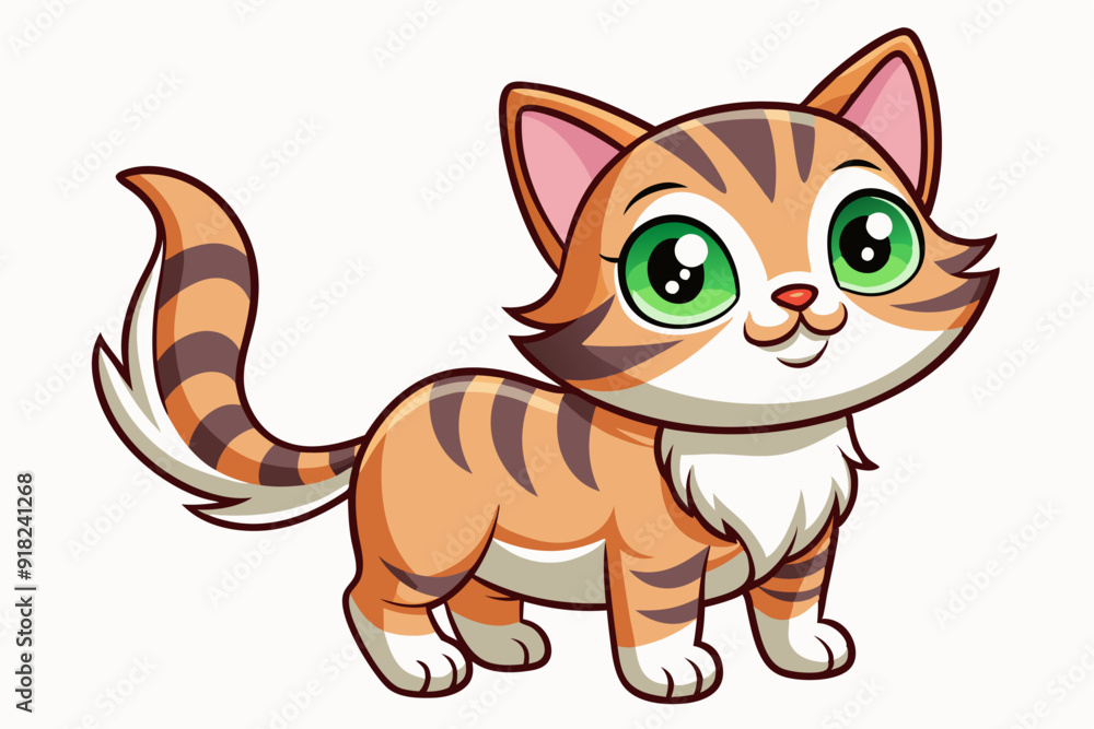 Obraz premium Cute Cartoon Orange and Black Striped Cat with Big Green Eyes