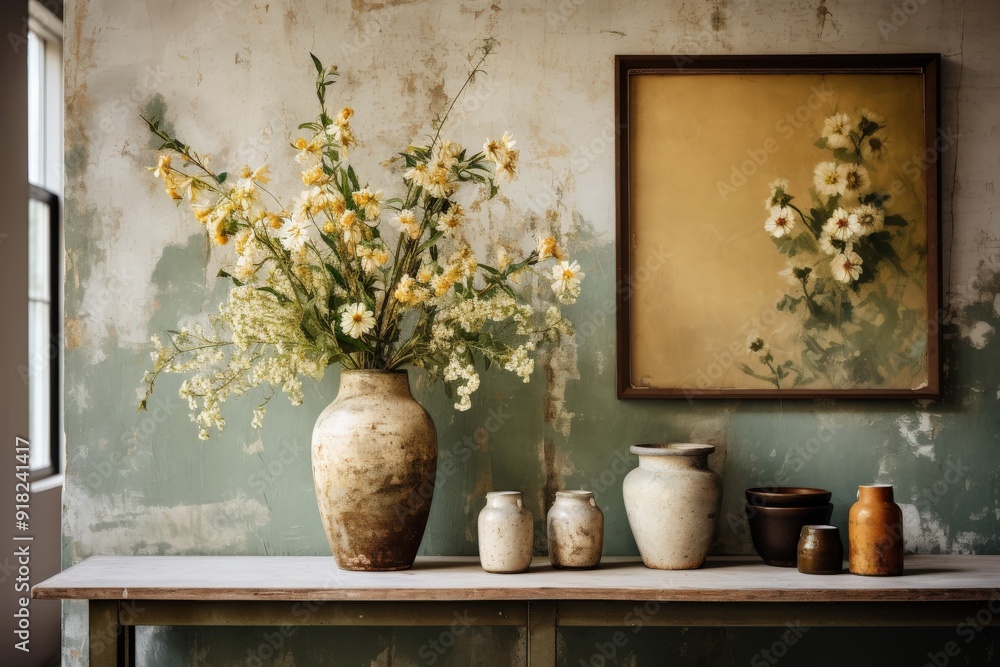 A serene still life featuring a vase of flowers and various pottery on a rustic table. A serene still life featuring a vase of flowers and various pottery on a rustic table.