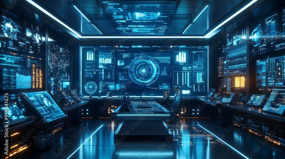 Futuristic Control Room with Advanced Technology and Data Displays - A futuristic control room with advanced technology and data displays, symbolizing innovation, control, data analysis, future techno Futuristic Control Room with Advanced Technology and Data Displays - A futuristic control room with advanced technology and data displays, symbolizing innovation, control, data analysis, future techno