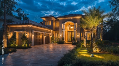 Elegant Nighttime Ambiance: The Captivating Exterior of a Beautiful Home Illuminated by Moonlight