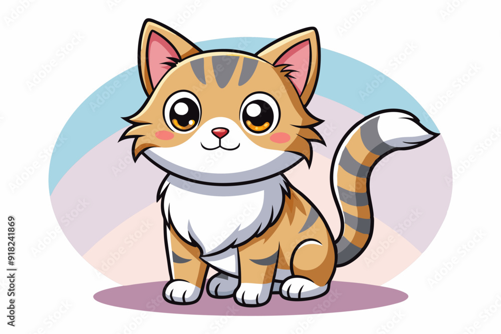 Fototapeta premium Cute Cartoon Tabby Cat with Big Eyes Sitting on a Pink Platform
