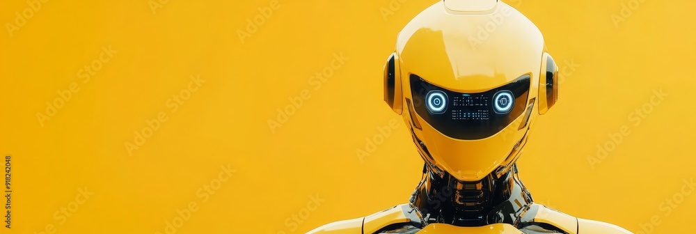 Futuristic Yellow Robot with Blue Eyes on Yellow Background - A close-up of a yellow robot with blue eyes, symbolizing artificial intelligence, technology, future, innovation, and progress. Futuristic Yellow Robot with Blue Eyes on Yellow Background - A close-up of a yellow robot with blue eyes, symbolizing artificial intelligence, technology, future, innovation, and progress.
