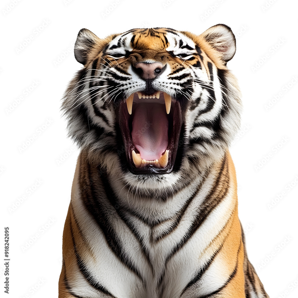 Obraz premium Powerful and Ferocious Tiger Roaring in High-Detail Portrait on white transparent background png