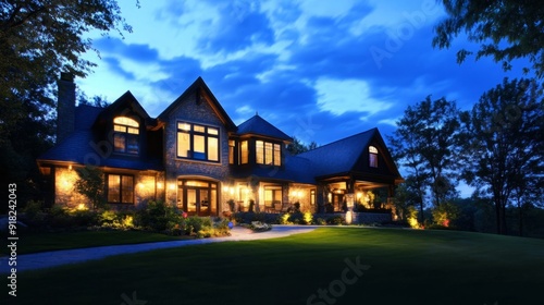 Elegant Nighttime Ambiance: The Captivating Exterior of a Beautiful Home Illuminated by Moonlight