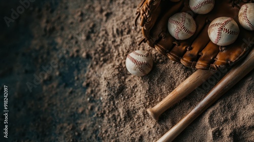 An image showing a baseball glove with several baseballs and a wooden bat on a dirt field surface, embodying sportsmanship, teamwork, and nostalgia associated with baseball games. photo