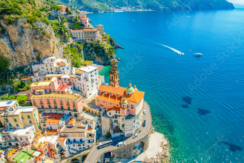 Atrani on Amalfi Coast, Italy. Aerial photo of famous city Atrani located on Amalfi Coast in Italy
