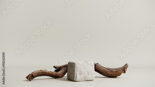 Tree branch - podium for cosmetic products. Natural background for advertising eco, vegan products. Aesthetic showcase, minimalism, 3D rendering.