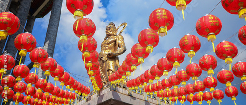 Banner Chinese red lantern festival Happy Lunar Chinese New year. Banner Celebrate chinese culture red golden lantern sunshine day wealth pray wish luck. Chinese new year chinatown with copy space photo