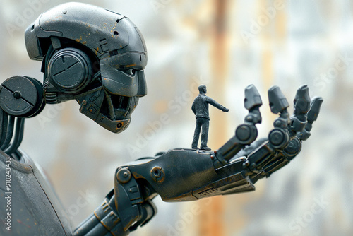 The robot interacts with humans, creating an atmosphere of trust between technology and humanity. AI technologies. Neural networks. 
