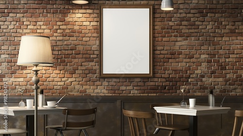 Modern cafe interior with eating tables and chairs, window and mockup frame photo