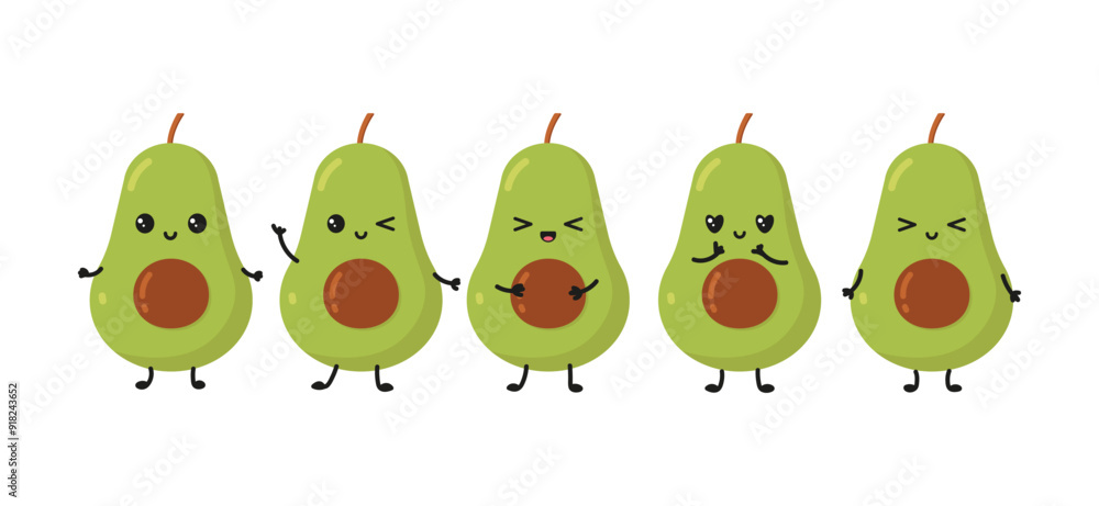 Vector set with cute kawaii avocados on white background. Flat avocado character with different emotions. Vector set with cute kawaii avocados on white background. Flat avocado character with different emotions.