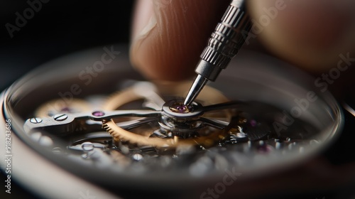 A close-up detail of a person meticulously working on the intricate gears of a mechanical wristwatch, showcasing precision, craftsmanship, and the art of horology in action.