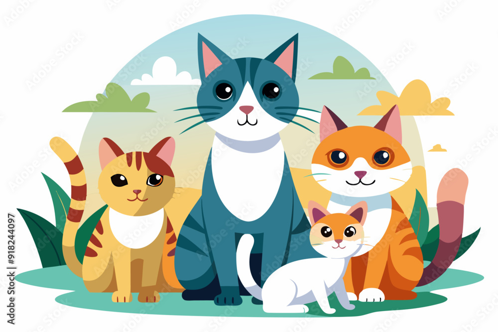 Four Cats Sitting In Grass With Green Bushes Four Cats Sitting In Grass With Green Bushes