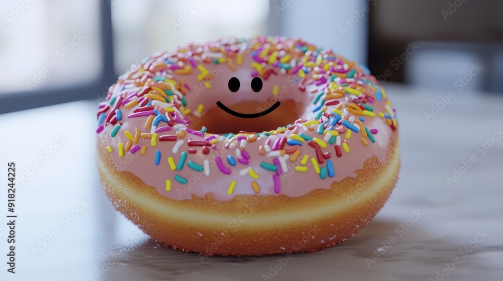 Happy Donut with Sprinkles - A pink glazed donut with colorful sprinkles, smiling happily. It symbolizes joy, sweetness, and the simple pleasures in life. Happy Donut with Sprinkles - A pink glazed donut with colorful sprinkles, smiling happily. It symbolizes joy, sweetness, and the simple pleasures in life.