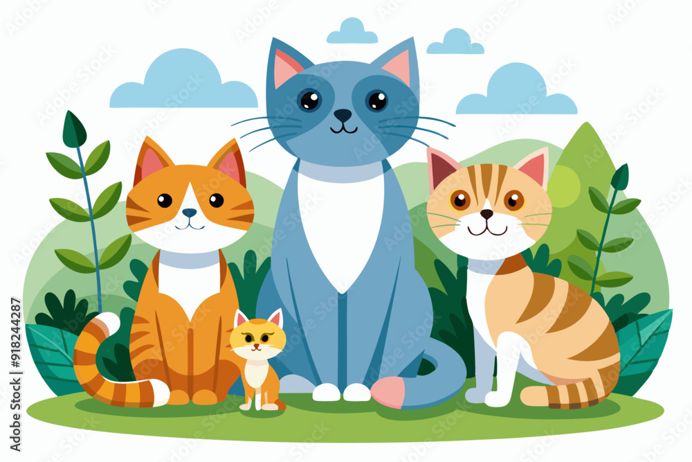 Four Cute Cats Sitting Together in a Garden Setting Four Cute Cats Sitting Together in a Garden Setting