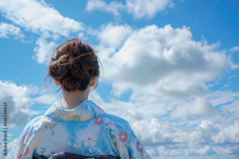 Person in blue and white kimono gazing at sky looking peaceful Person in blue and white kimono gazing at sky looking peaceful