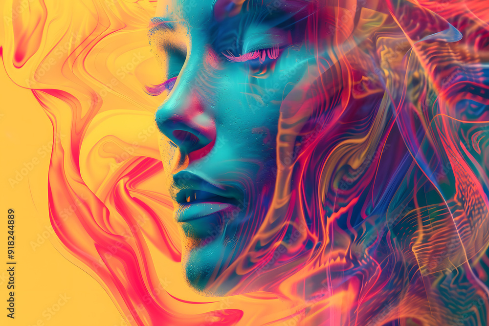 A woman's face is shown in a colorful, abstract style A woman's face is shown in a colorful, abstract style