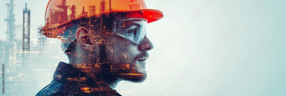 Industrial Worker with Cityscape Double Exposure - A construction worker in a hardhat and safety glasses, with a double exposure of a city skyline, symbolizing industry, progress, urbanization, innova Industrial Worker with Cityscape Double Exposure - A construction worker in a hardhat and safety glasses, with a double exposure of a city skyline, symbolizing industry, progress, urbanization, innova