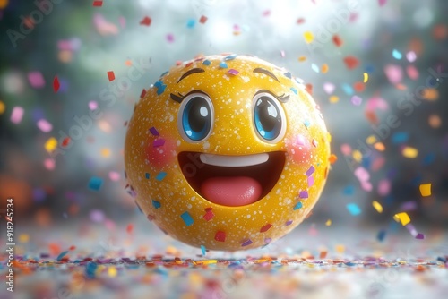 3d rendering of cheerful yellow party popper emoji explosion of colorful confetti playful expression glossy finish festive atmosphere on white background photo