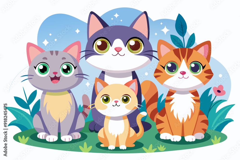 Fototapeta premium Four Cute Cartoon Cats Sitting in Grass with Flowers and Leaves