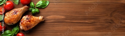 Grilled Chicken Legs with Tomatoes and Herbs on Wooden Background, Top View photo