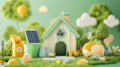 3D illustration of sustainable living featuring eco-friendly products like reusable bags, solar panels, and a recycling bin, with a backdrop of a green, eco-conscious home photo