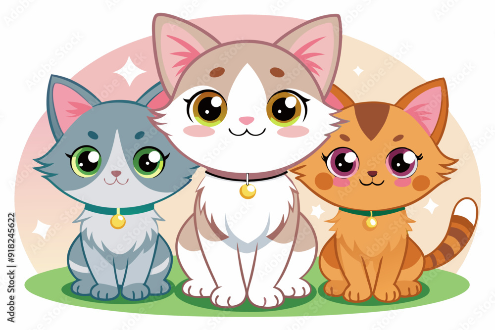 Fototapeta premium Three Cute Cartoon Cats Sitting Together