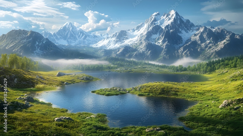 Majestic Snow Capped Mountains Reflected in a Tranquil Alpine Lake Majestic Snow Capped Mountains Reflected in a Tranquil Alpine Lake