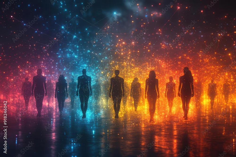 abstract digital artwork depicting diverse human silhouettes interconnected by glowing lines representing global connectivity figures varying in size and form vibrant colors against dark background abstract digital artwork depicting diverse human silhouettes interconnected by glowing lines representing global connectivity figures varying in size and form vibrant colors against dark background