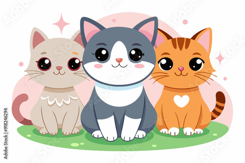 Three Adorable Cartoon Cats Sitting on Green Grass