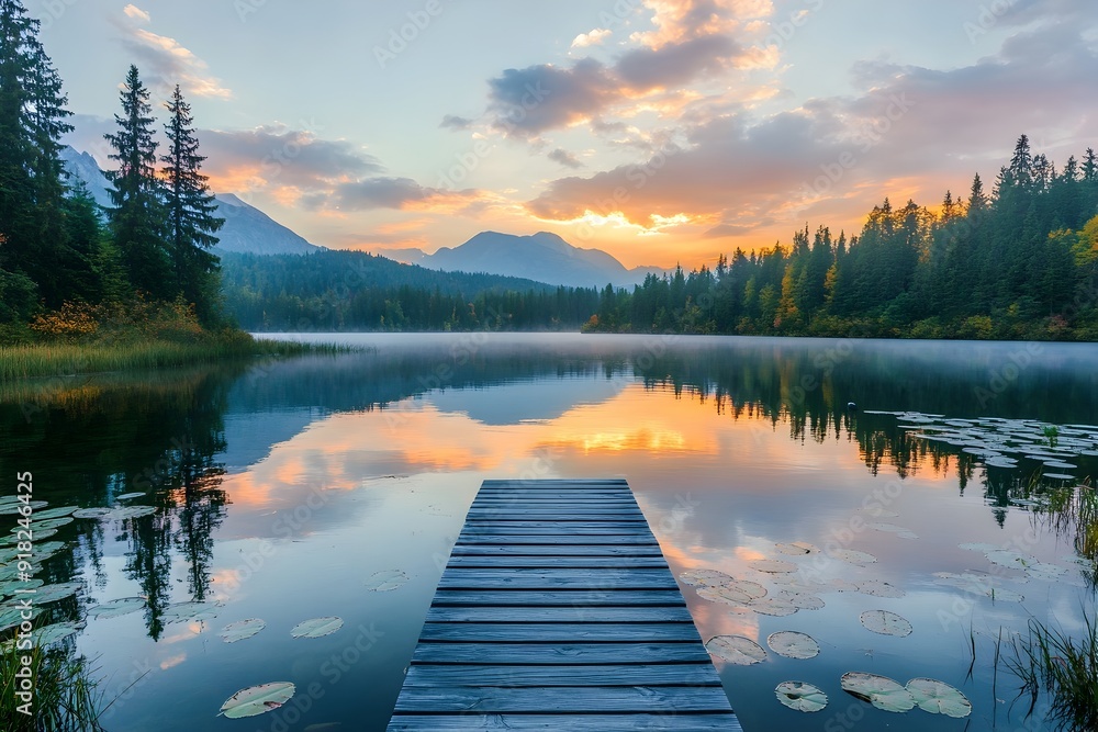 Serene Lakeside Sunset Landscape with Wooden Dock Serene Lakeside Sunset Landscape with Wooden Dock