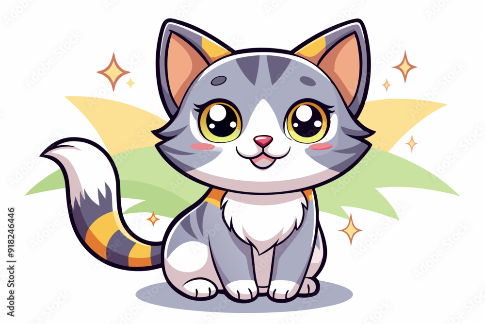 Cute Cartoon Gray and White Cat with Yellow Eyes and Orange Stripes Cute Cartoon Gray and White Cat with Yellow Eyes and Orange Stripes