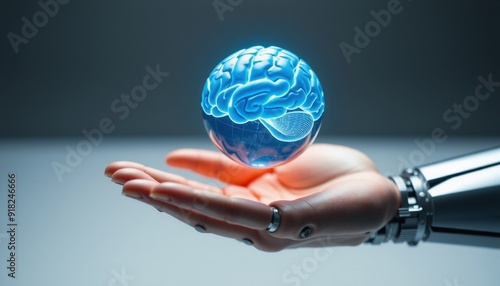 a robotic hand with metallic finish balances a luminous ball with a visible brain on top a human hand supporting the ball from underneath intricate brain details glowing softl photo