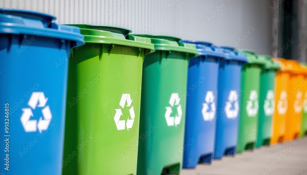 recycling bins color-coded and arranged horizontally each marked with a ...