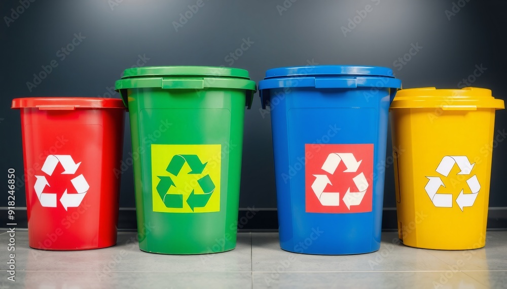 four recycling bins color-coded red blue green and yellow positioned side by side with recycling symbols telephoto lens detail and realistic lighting highlight the vibrant four recycling bins color-coded red blue green and yellow positioned side by side with recycling symbols telephoto lens detail and realistic lighting highlight the vibrant