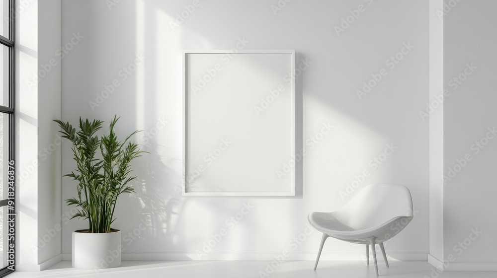 Minimalist White Interior Design with a Blank Canvas - A modern white interior with a blank canvas, a chair, and a plant, symbolizing simplicity, elegance, creativity, and potential. Minimalist White Interior Design with a Blank Canvas - A modern white interior with a blank canvas, a chair, and a plant, symbolizing simplicity, elegance, creativity, and potential.