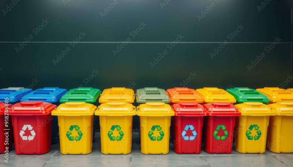 Foto de color-coded recycling bins red blue green and yellow arranged ...