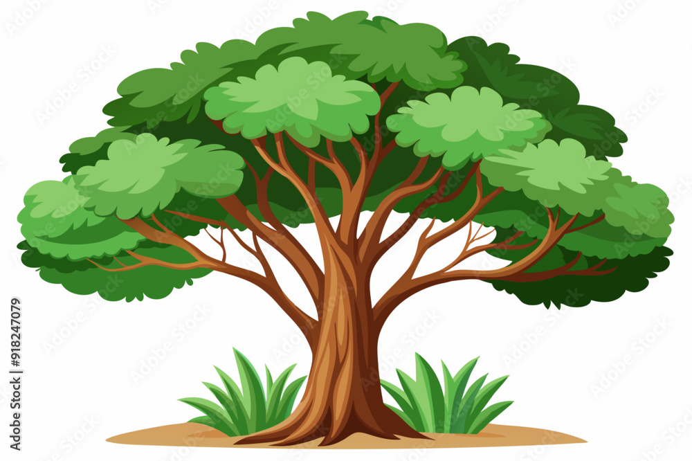 Fototapeta premium A large, leafy tree with a brown trunk and green grass at its base