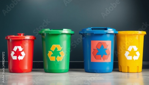 four distinct recycling bins red blue green and yellow lined up with recycling symbols telephoto lens captures the vibrant colors and realistic lighting emphasizes the det photo